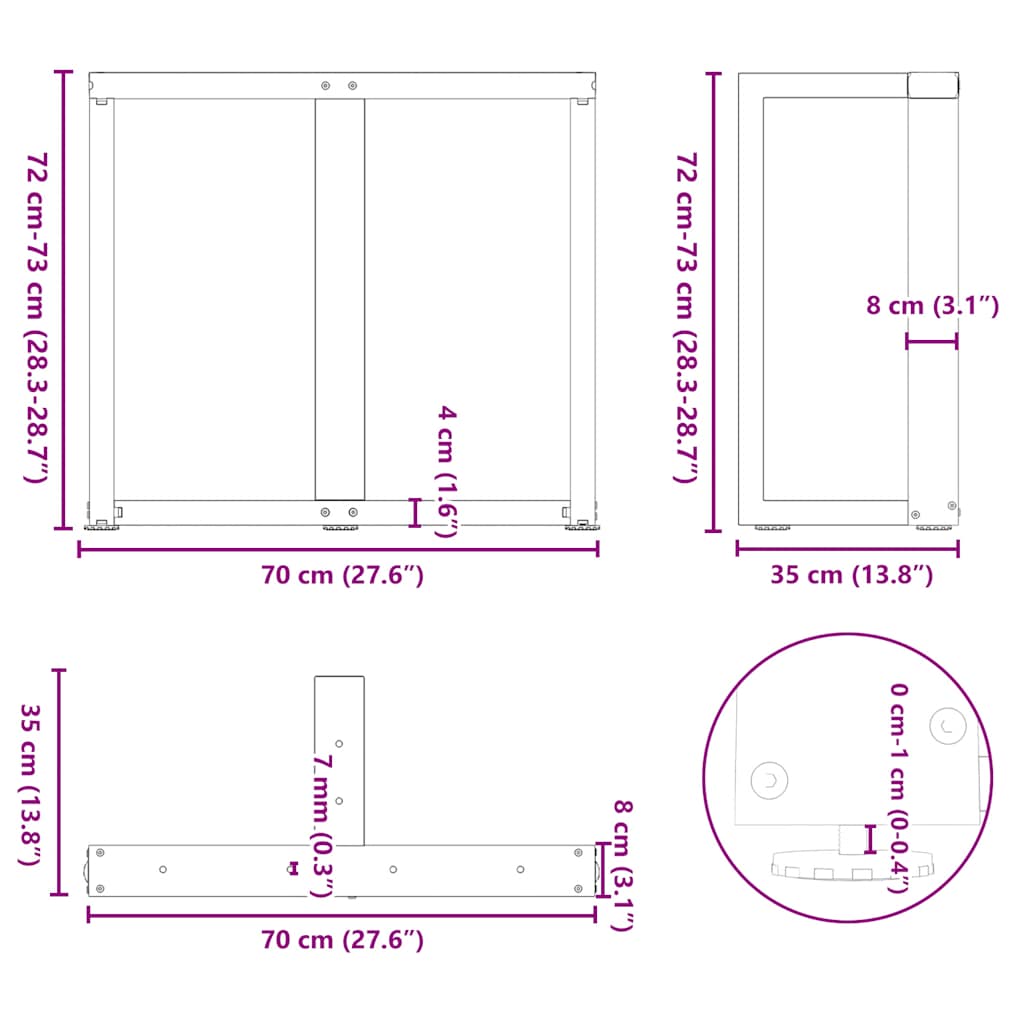 spisebordsben T-formet 2 stk. sort 70x35x(72-73) cm stål