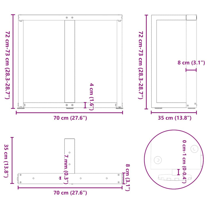 spisebordsben T-formet 2 stk. sort 70x35x(72-73) cm stål