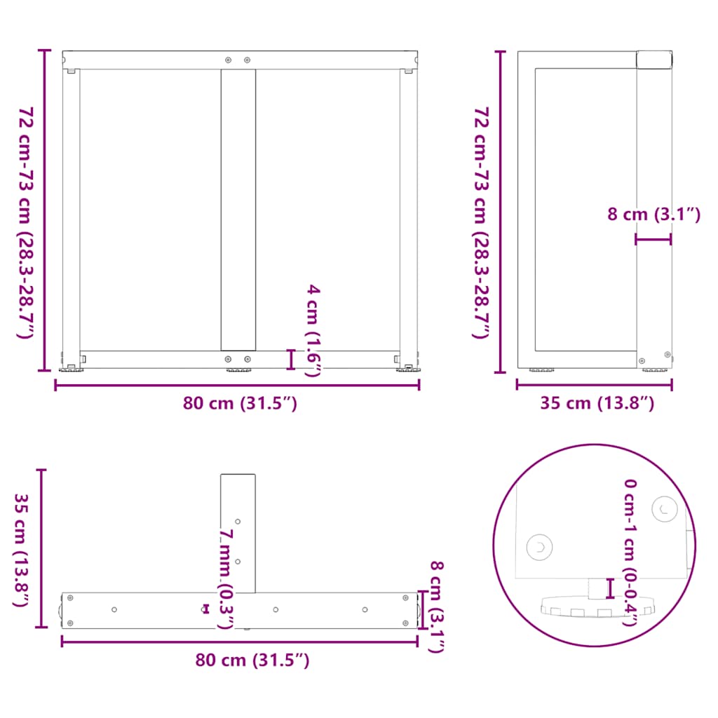 spisebordsben T-formet 2 stk. antracit 80x35x(72-73) cm stål
