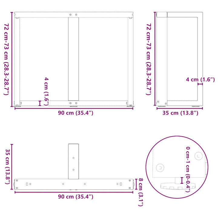 spisebordsben T-formet 2 stk. sort 90x35x(72-73) cm stål