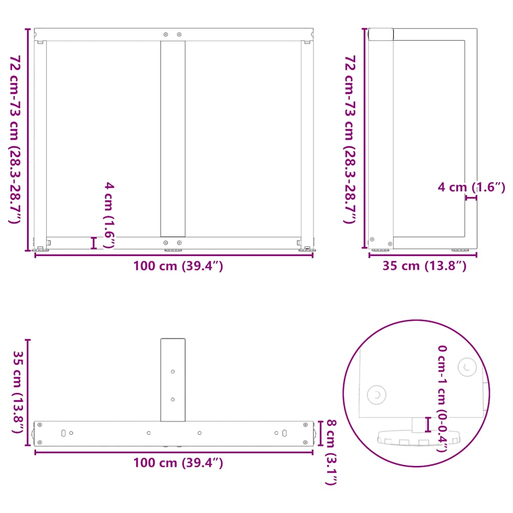 spisebordsben T-formet 2 stk. antracit 100x35x(72-73) cm stål