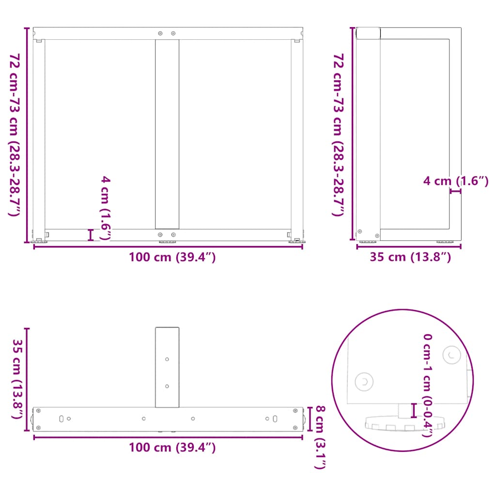 spisebordsben T-formet 2 stk. sort 100x35x(72-73) cm stål