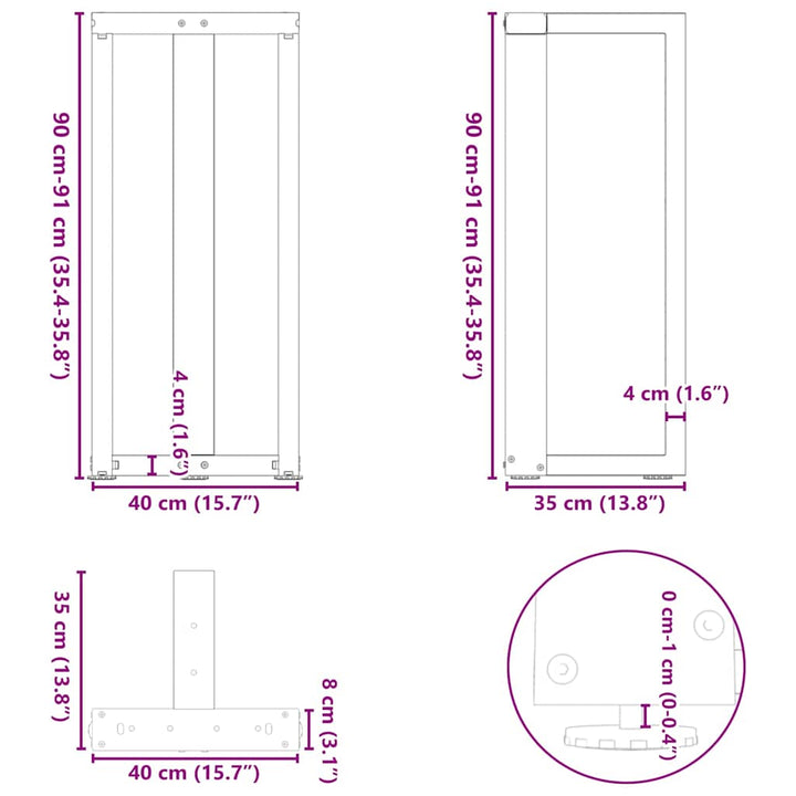 barbordsben T-formet 2 stk. hvid 40x35x(90-91) cm stål