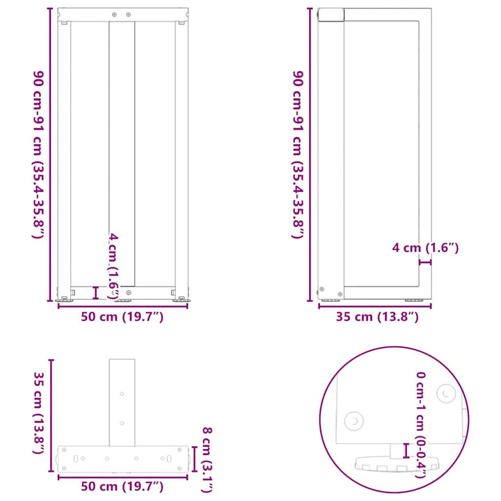 barbordsben T-formet 2 stk. hvid 50x35x(90-91) cm stål