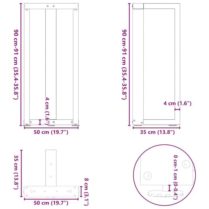 barbordsben T-formet 2 stk 50x35x(90-91) cm stål antracitgrå