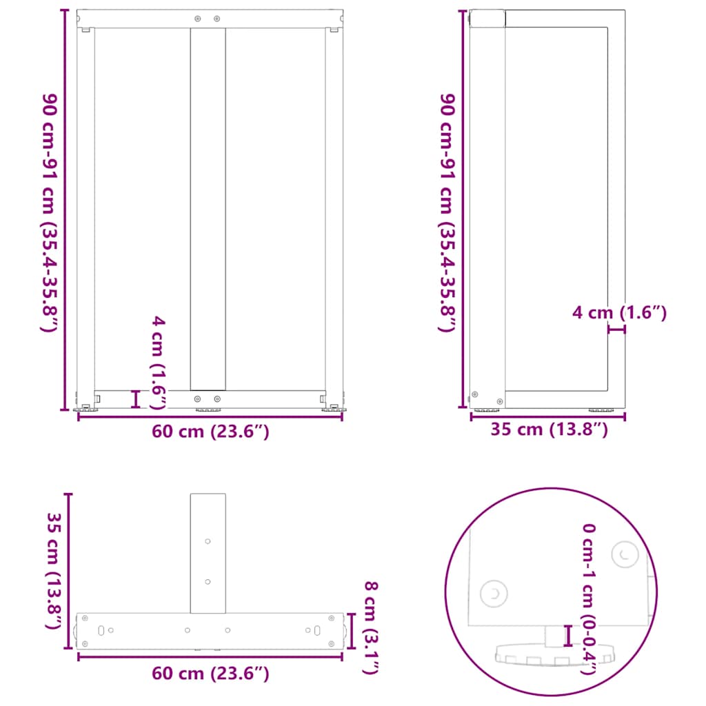 barbordsben T-formet 2 stk. sort 60x35x(90-91) cm stål
