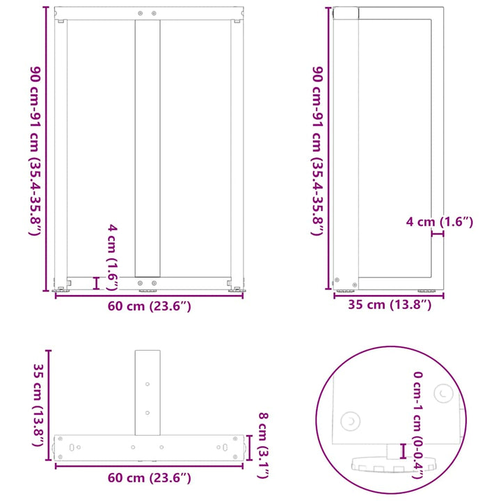 barbordsben T-formet 2 stk. sort 60x35x(90-91) cm stål