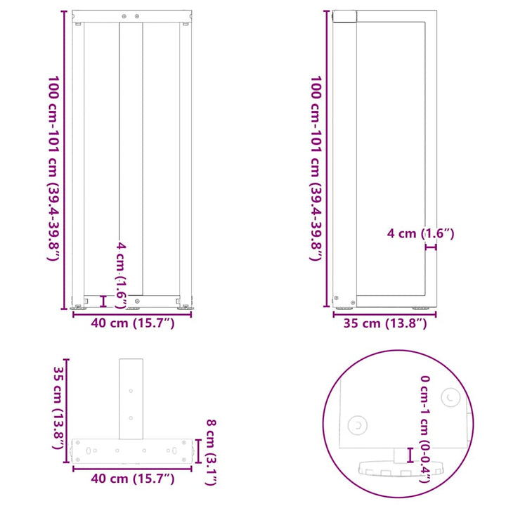 barbordsben T-formet 2 stk 40x35x(100-101) cm stål hvid