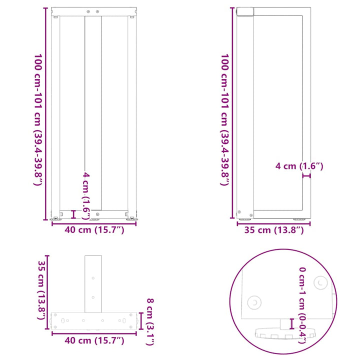 barbordsben T-formet 2 stk. antracit 40x35x(100-101) cm stål
