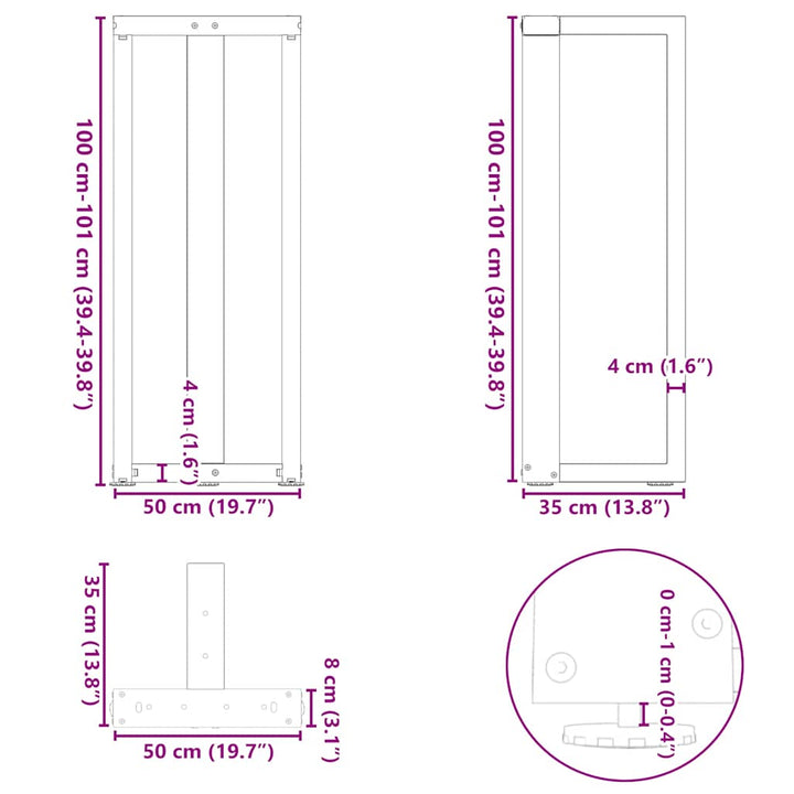 barbordsben T-formet 2 stk. hvid 50x35x(100-101) cm stål