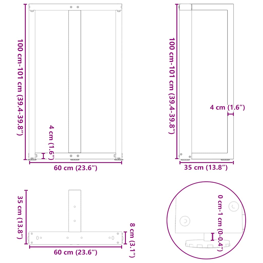 barbordsben T-formet 2 stk. hvid 60x35x(100-101) cm stål
