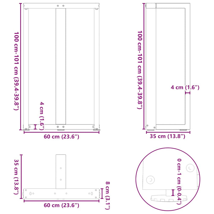 barbordsben T-formet 2 stk. hvid 60x35x(100-101) cm stål