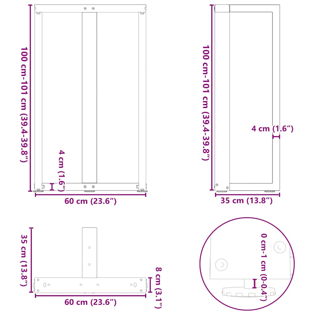 barbordsben T-formet 2 stk. antracit 60x35x(100-101) cm stål