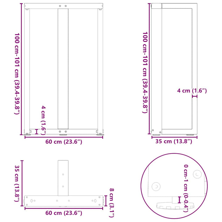barbordsben T-formet 2 stk. antracit 60x35x(100-101) cm stål