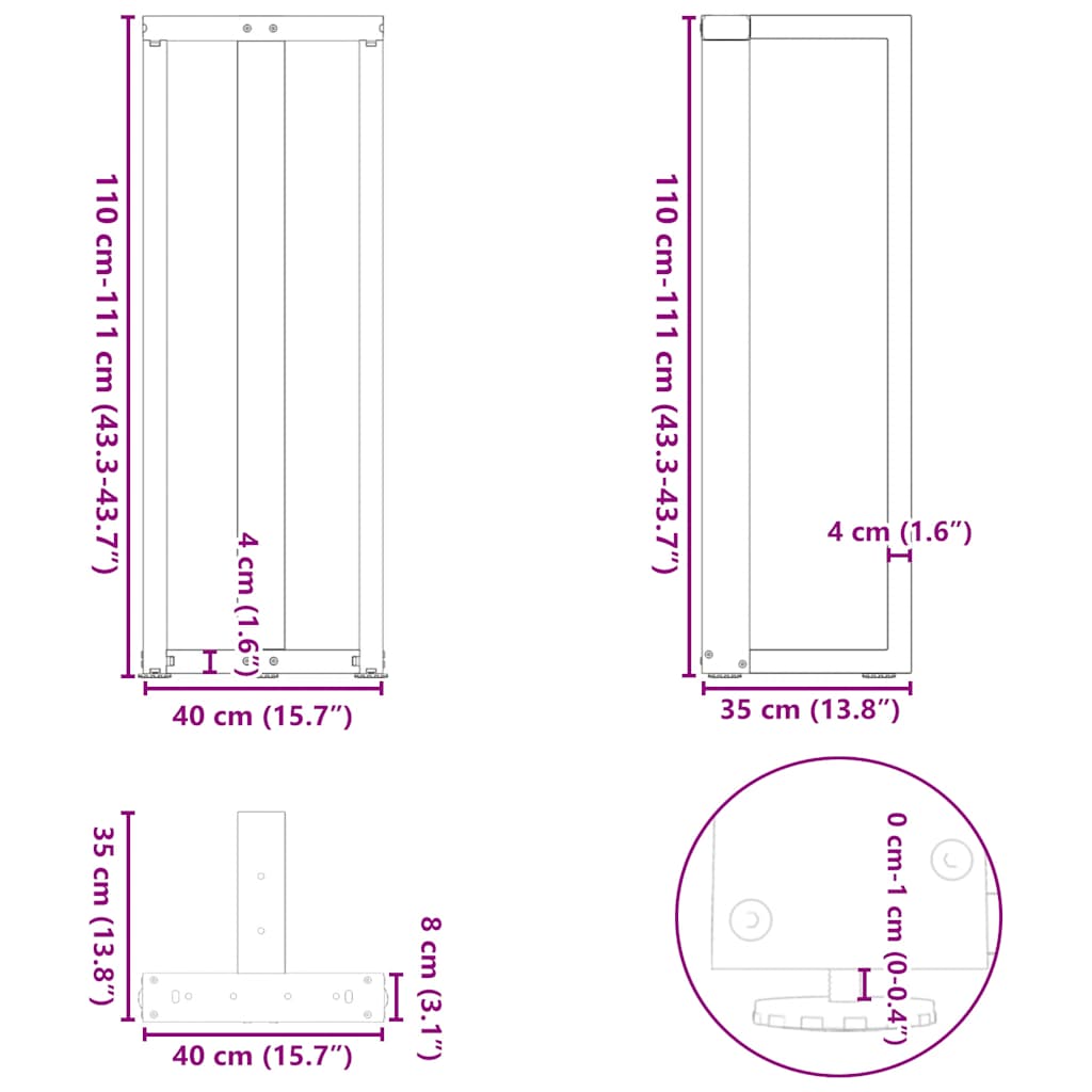 barbordsben T-formet 2 stk. hvid 40x35x(110-111) cm stål