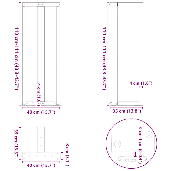 barbordsben T-formet 2 stk. hvid 40x35x(110-111) cm stål