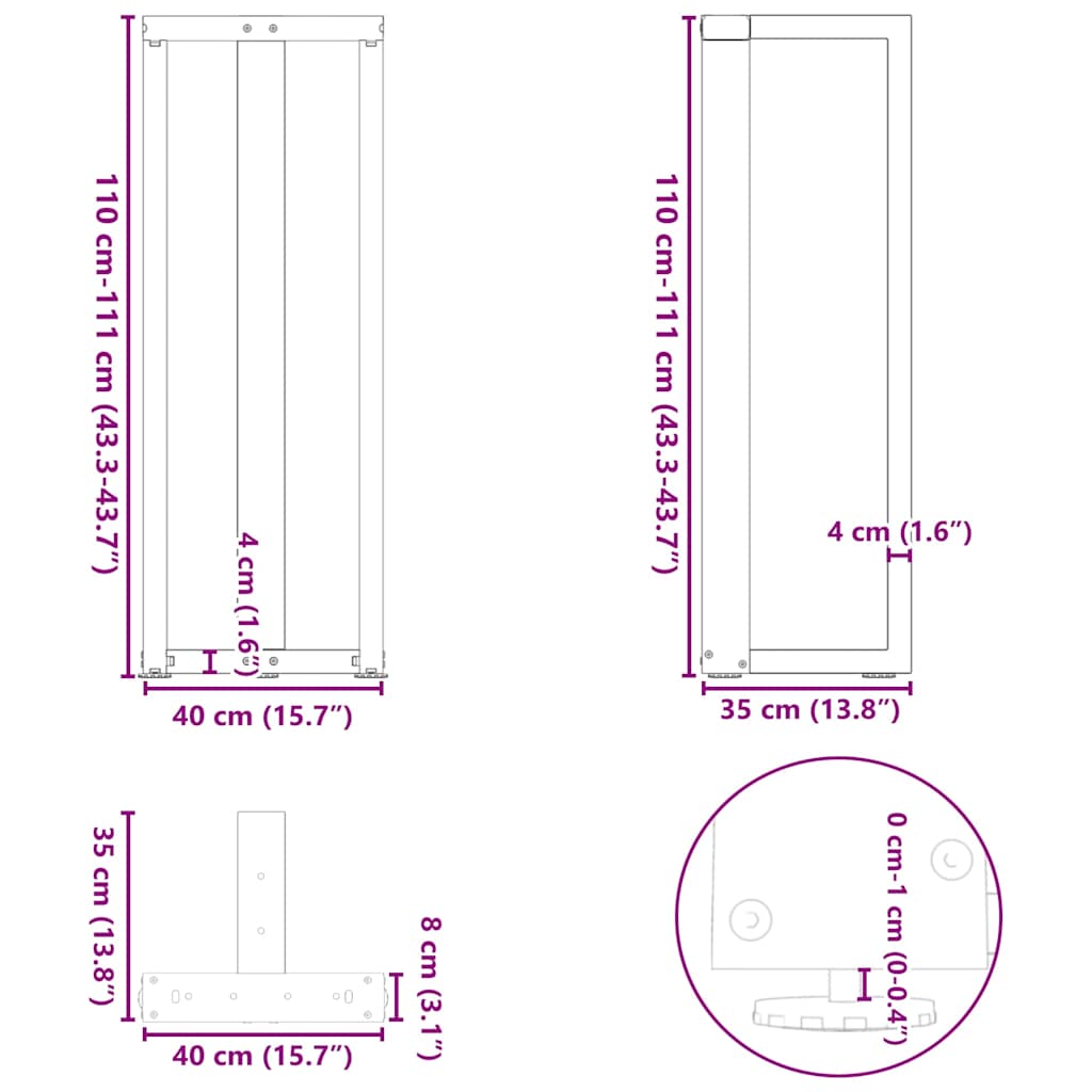 barbordsben T-formet 2 stk. antracit 40x35x(110-111) cm stål
