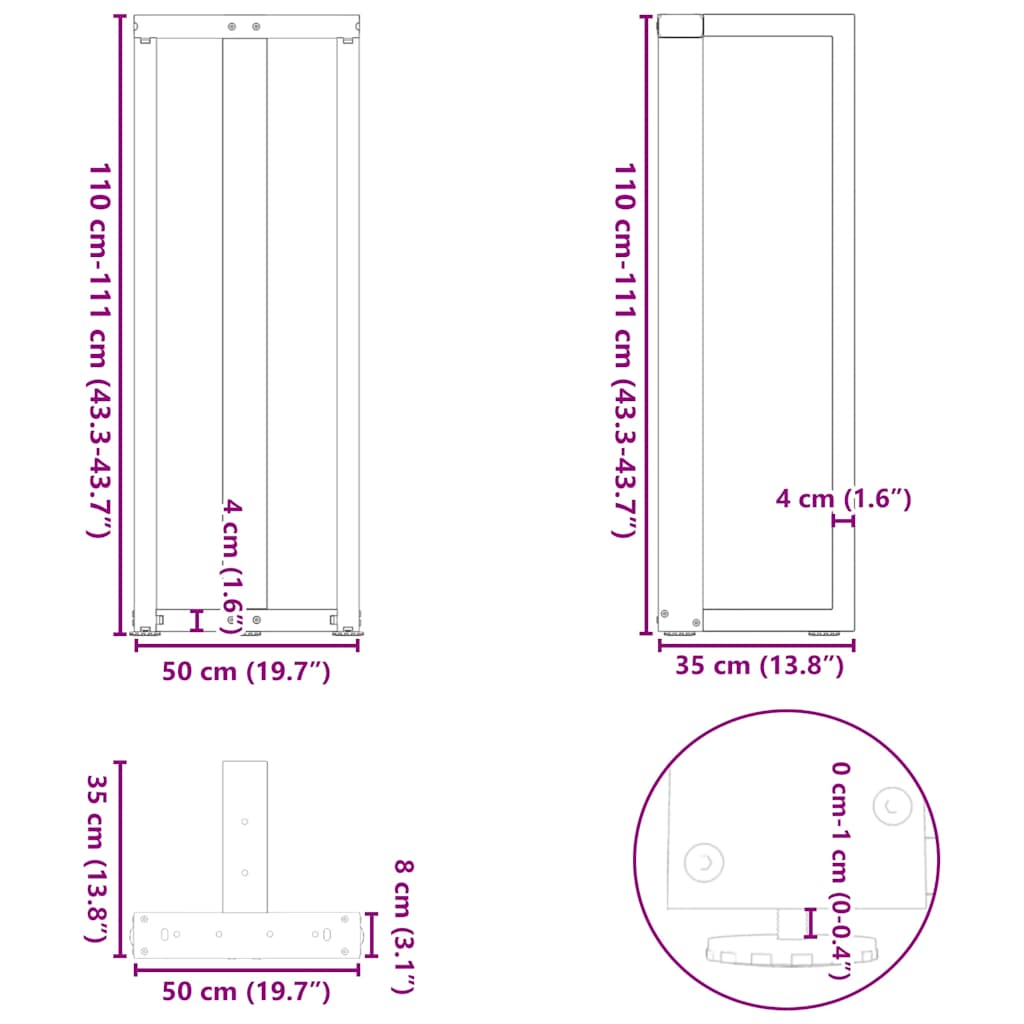 barbordsben T-formet 2 stk. antracit 50x35x(110-111) cm stål