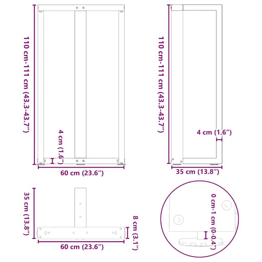 barbordsben T-formet 2 stk. sort 60x35x(110-111) cm stål