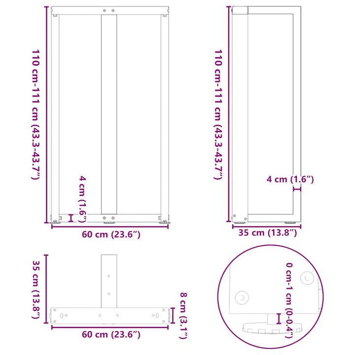 barbordsben T-formet 2 stk. sort 60x35x(110-111) cm stål