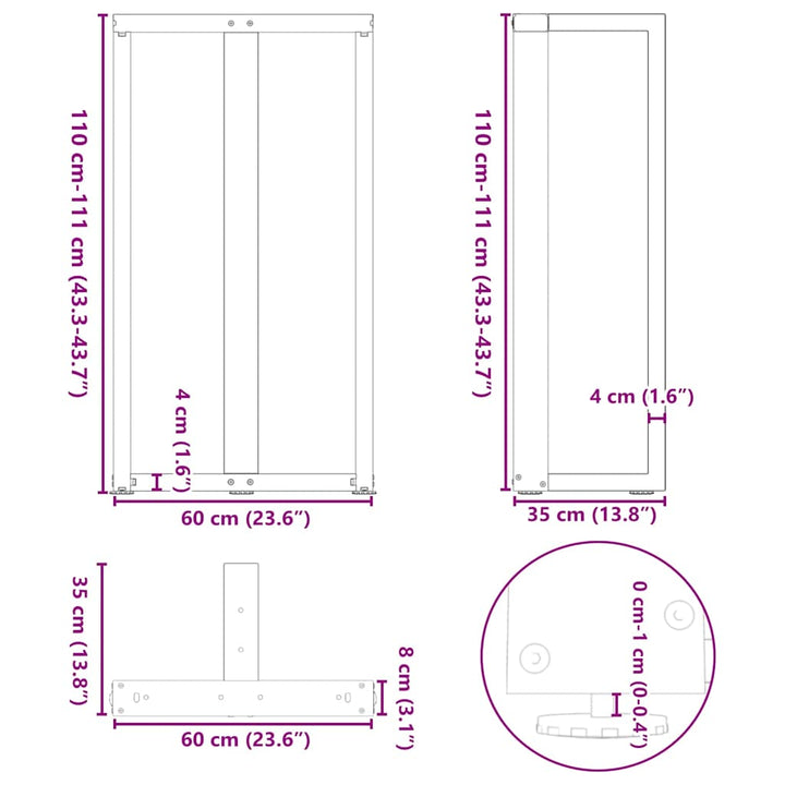 barbordsben T-formet 2 stk. antracit 60x35x(110-111) cm stål