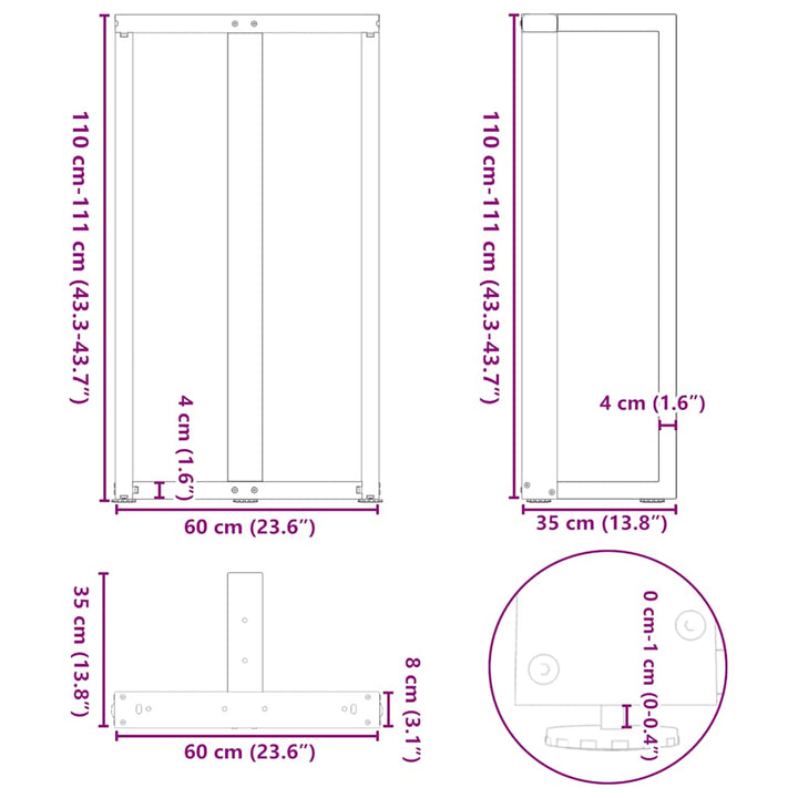 barbordsben T-formet 2 stk. sort 60x35x(110-111) cm stål