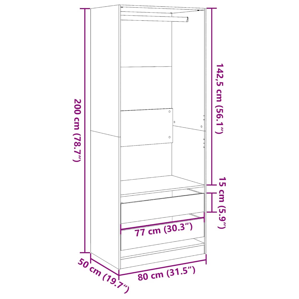 klædeskab 80x50x200 cm konstrueret træ gammelt træ-look