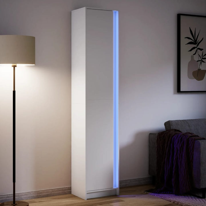 skab med LED-lys 41,5x32,5x200 cm konstrueret træ hvid