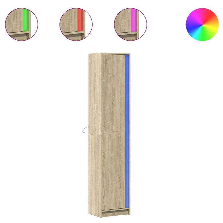 skab med LED-lys 41,5x32,5x200 cm konstrueret træ sonoma-eg