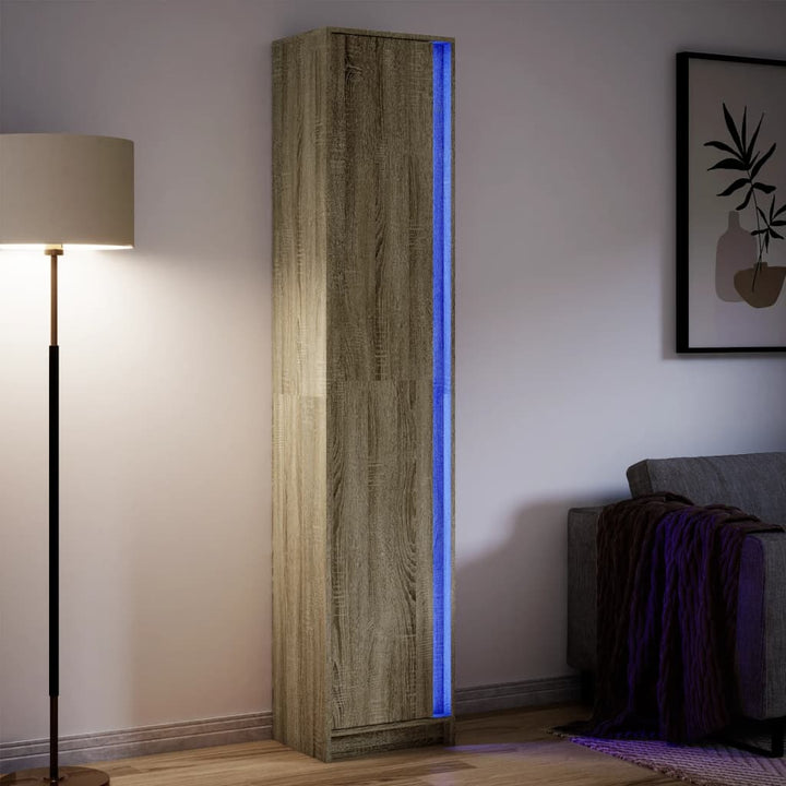 skab med LED-lys 41,5x32,5x200 cm konstrueret træ sonoma-eg