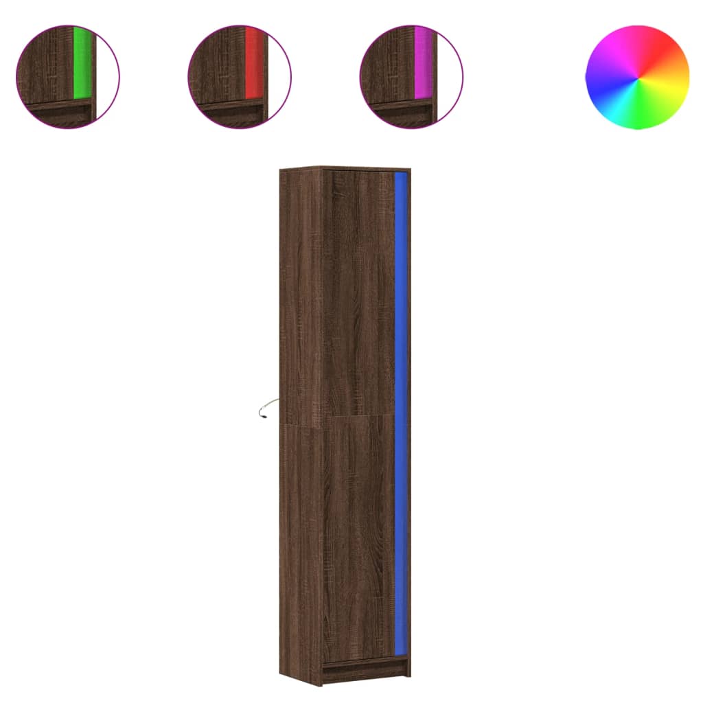 skab med LED-lys 41,5x32,5x200 cm konstrueret træ brunt eg