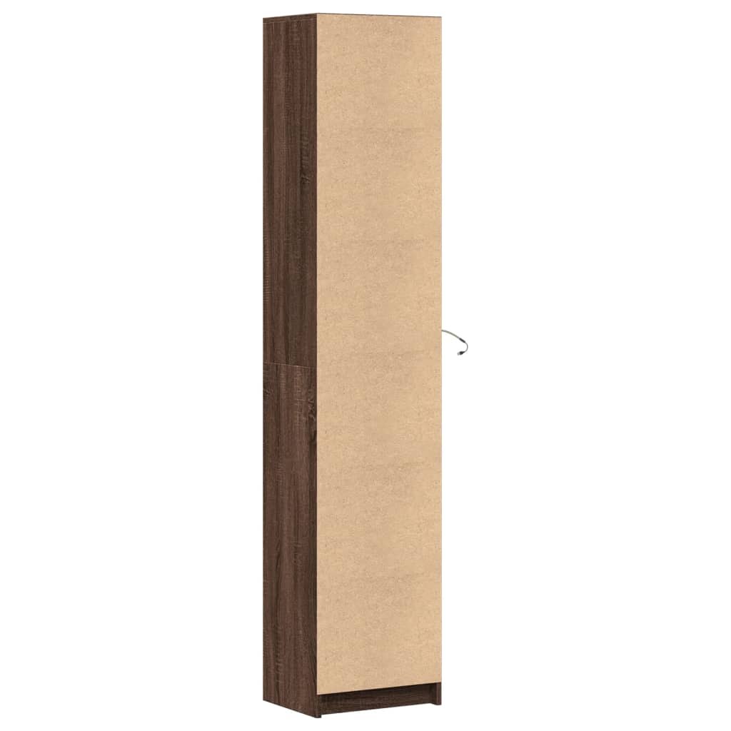 skab med LED-lys 41,5x32,5x200 cm konstrueret træ brunt eg