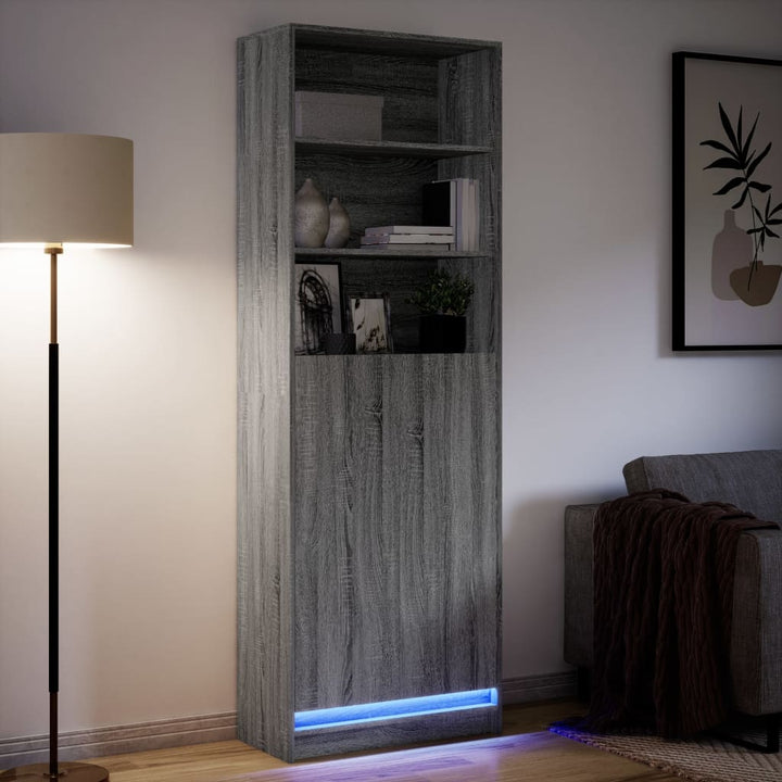 skab med LED-lys 69x32,5x200 cm konstrueret træ grå sonoma-eg