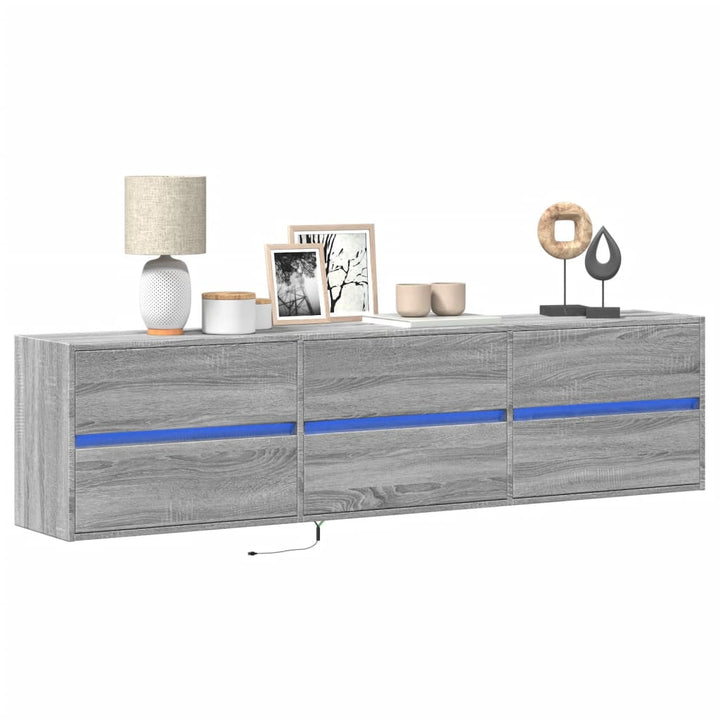 væghængt tv-bord med LED 180x31x45 cm grå sonoma-eg