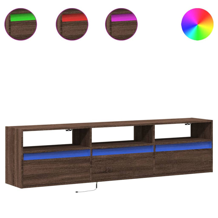 væghængt tv-bord med LED 180x31x45 cm brun egetræsfarve