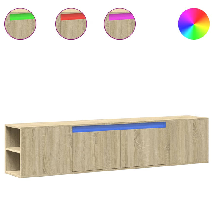 væghængt tv-bord med LED-lys 180x31x39,5 cm sonoma-eg
