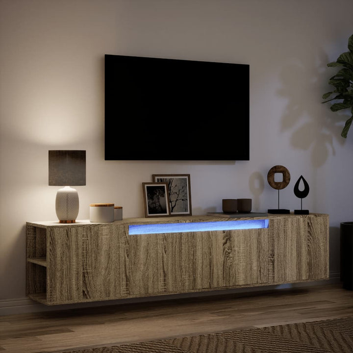 væghængt tv-bord med LED-lys 180x31x39,5 cm sonoma-eg