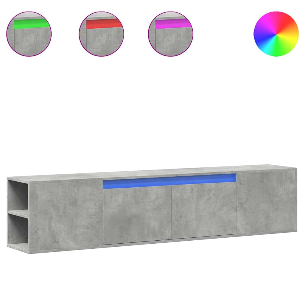 væghængt tv-bord med LED-lys 180x31x39,5 cm betongrå