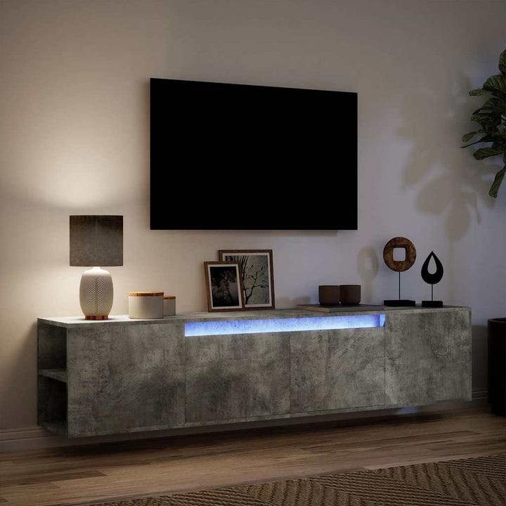 væghængt tv-bord med LED-lys 180x31x39,5 cm betongrå