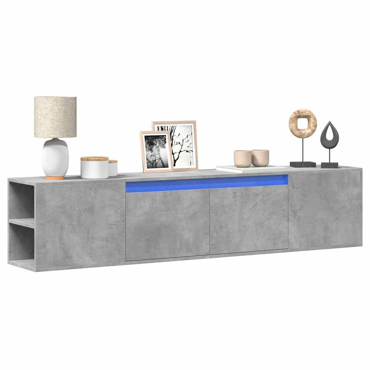væghængt tv-bord med LED-lys 180x31x39,5 cm betongrå