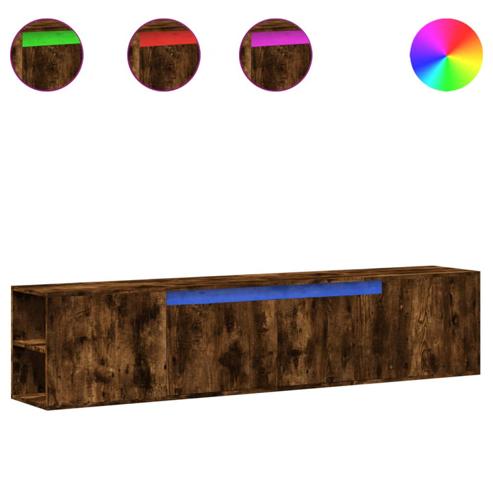 væghængt tv-bord med LED-lys 180x31x39,5 cm røget egetræsfarve