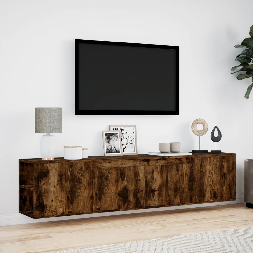 væghængt tv-bord med LED-lys 180x31x39,5 cm røget egetræsfarve