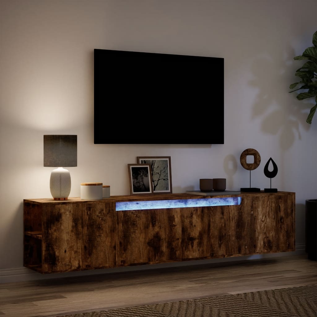 væghængt tv-bord med LED-lys 180x31x39,5 cm røget egetræsfarve
