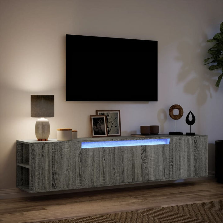 væghængt tv-bord med LED-lys 180x31x39,5 cm grå sonoma-eg