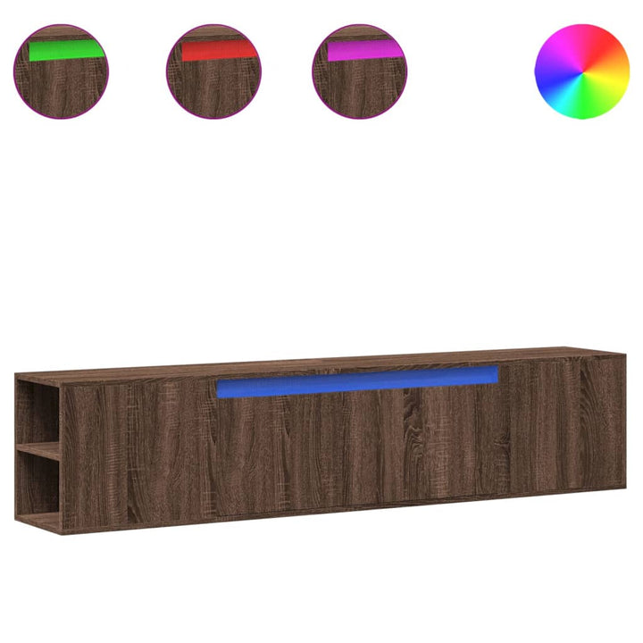 væghængt tv-bord med LED-lys 180x31x39,5 cm brun egetræsfarve