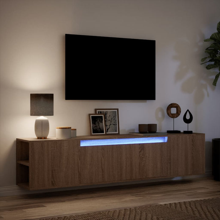 væghængt tv-bord med LED-lys 180x31x39,5 cm brun egetræsfarve