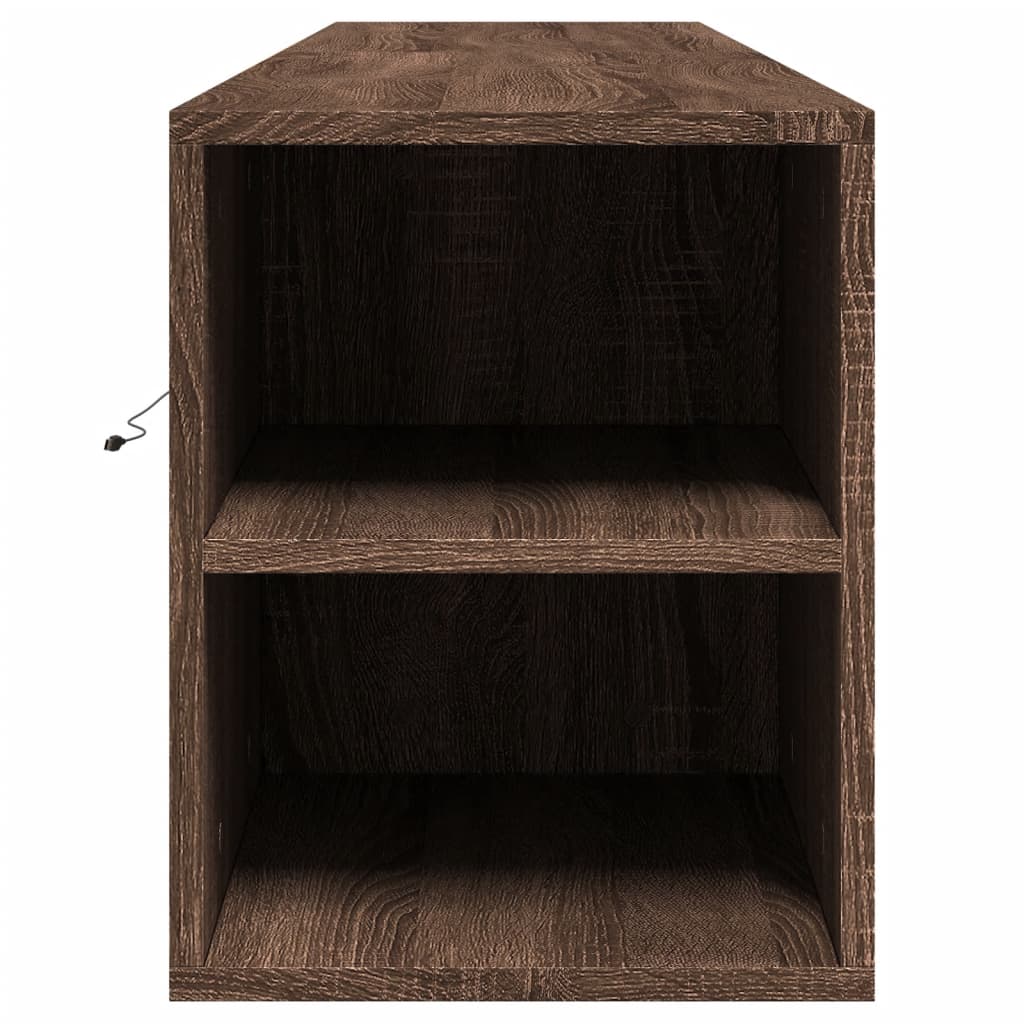 væghængt tv-bord med LED-lys 180x31x39,5 cm brun egetræsfarve