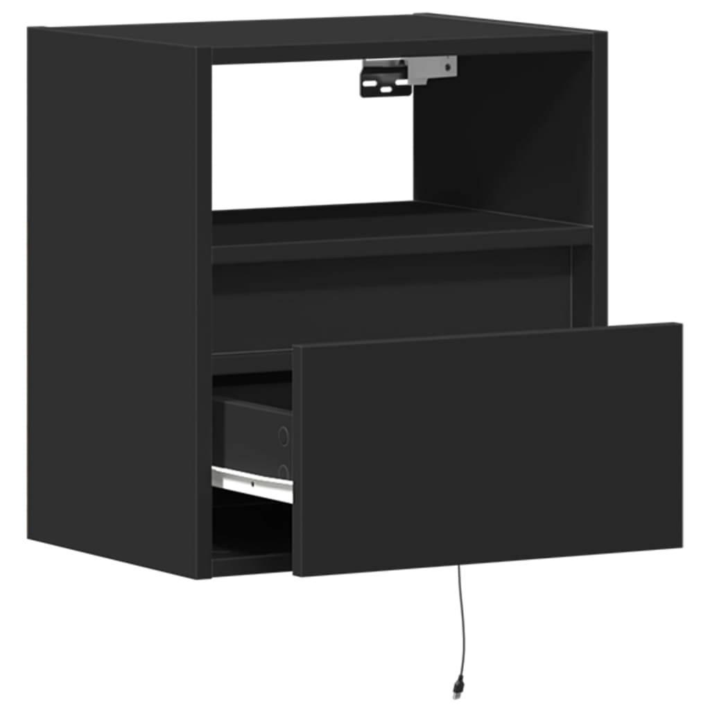 væghængte sengeborde 2 stk. med LED-lys sort
