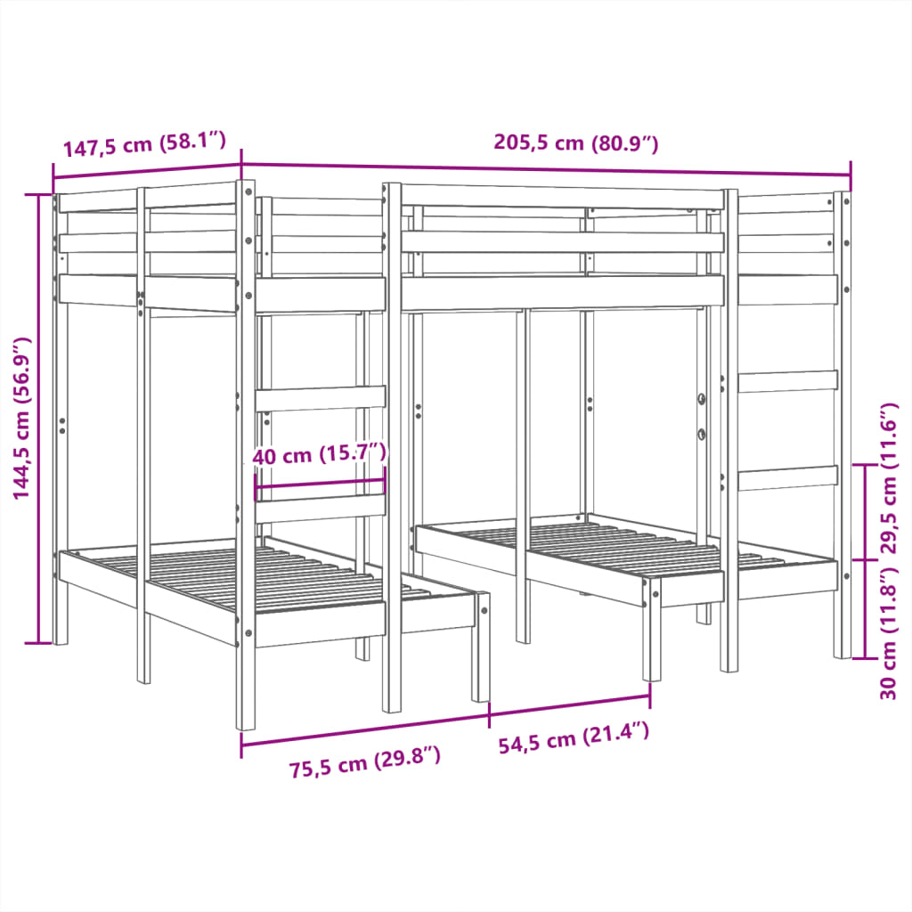 tredobbelt køjeseng 140x200/70x140 cm massivt fyrretræ