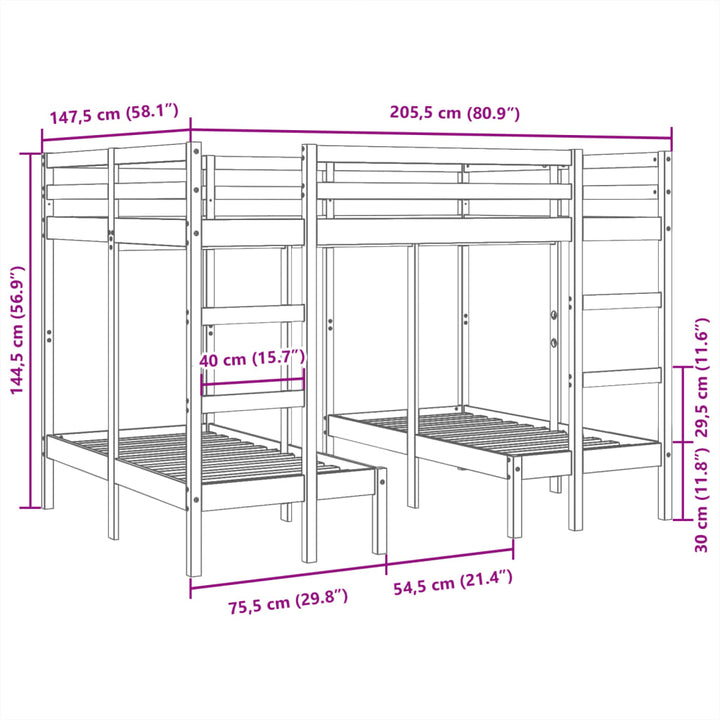tredobbelt køjeseng 140x200/70x140 cm massivt fyrretræ